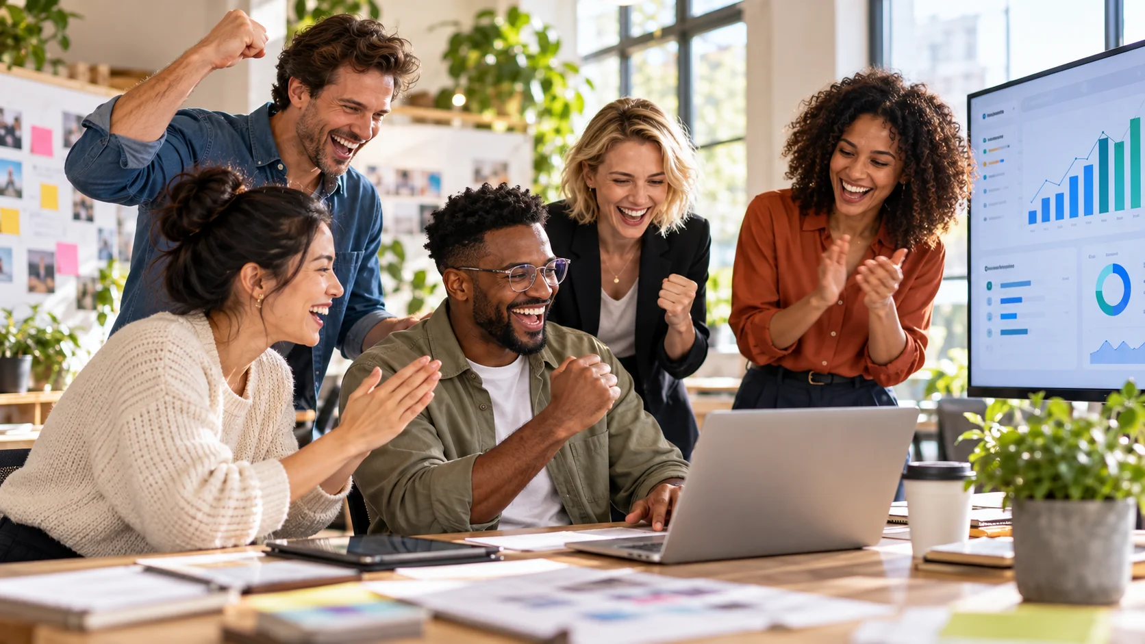 Celebración del equipo y clientes tras implementar soluciones reales de automatización e inteligencia artificial con resultados medibles